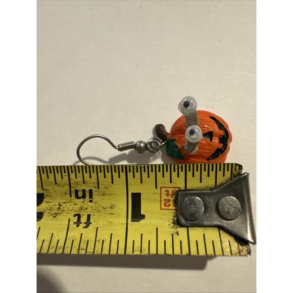 Vintage Halloween Pumpkin Drop Earrings Rhinestone Dangle Pierced Eyes Popped - Picture 6 of 7